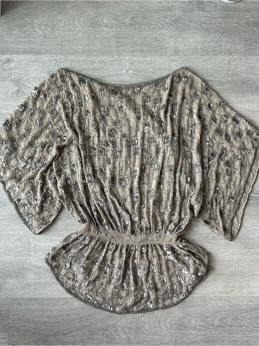 Vintage Y2K 100% Silk Beaded Sequin Sheer Flutter Sleeve Blouse Top Neutral Taup